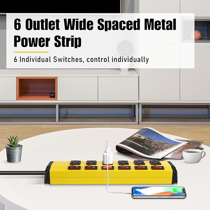 ANNQUAN 6 Outlet Metal Power Strip with 6 Individual Switches,Heavy Duty Power Strip 1200J 15A 6FT Cord Home Office Industrial Commercial Shop