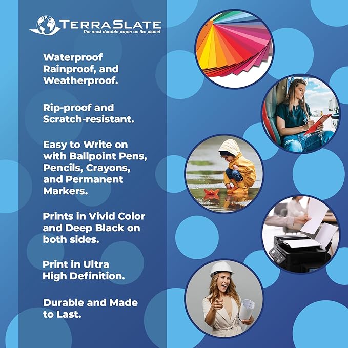 TerraSlate Waterproof, Durable, Rip-Proof Paper, 1,000 Sheets, 5 Mil (24lb Bond), 8.5” x 11”, Laser Printer and Copy Machine Compatible