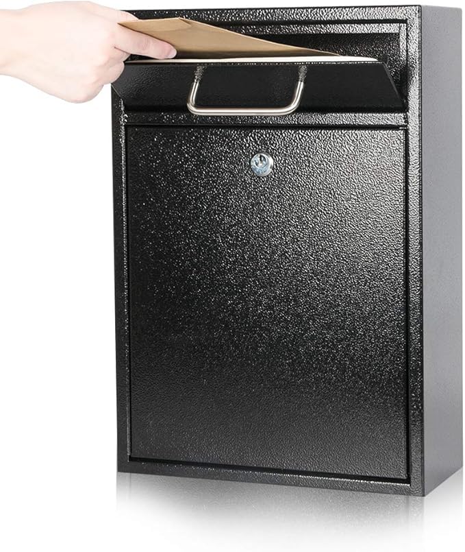 KYODOLED Steel Key Lock Mail Boxes Outdoor, Locking Wall Mount Mailbox, Security Lock Drop Box, Collection Boxes,16.2H x 11.22L x 4.72W Inches, Black X Large