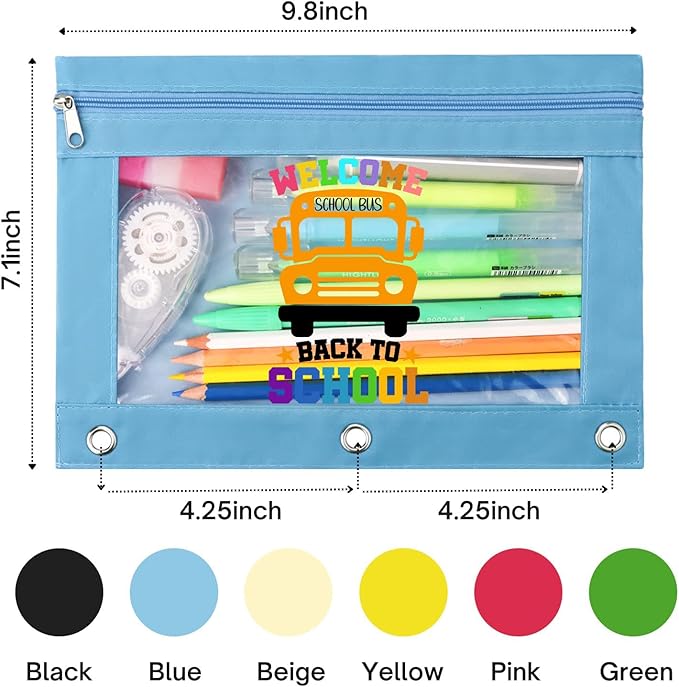 Pencil Pouch for 3 Ring Binder, School Bus Back to School Cartoon Pattern Zipper Pencil Case Bag with Clear Window
