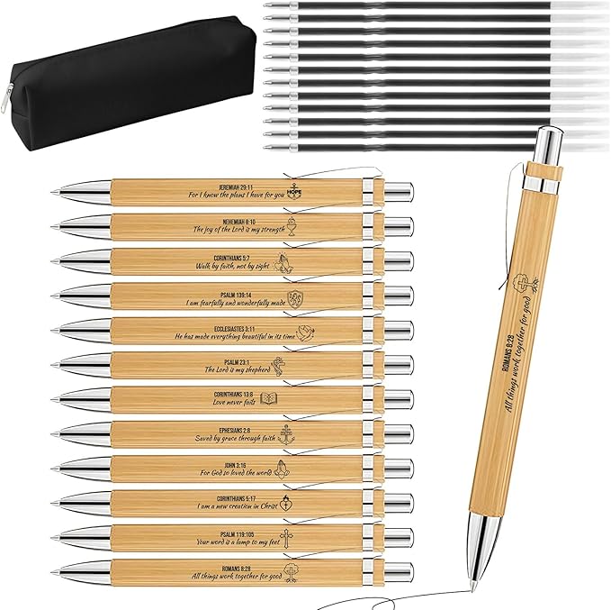 Bible Verse Pens 25 Pcs with 12 Christian Pens & 12 Refills & 1 Black Pen Pouch Bamboo Retractable Ballpoint Pens Inspirational Quote Pen Religious Gifts for Men Women