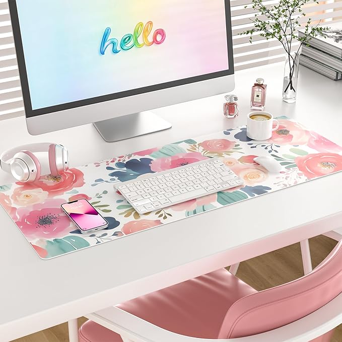 Colorful Star Large Mouse Pad, Pink Floral Desk Mat for Desktop, Women Girls PU Leather Waterproof Gaming Mousepad, Computer PC Laptop Protector Flowers Desk Pads for School Office Home 31.5" x 11.8"