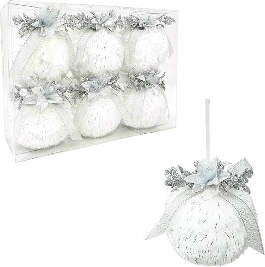 Nature Vibe Set of 6 Faux Fur White Christmas Ornaments Box Pack,Christmas Balls with Silver Accent as Christmas Tree Decorations or Winter Wonderland Decorations