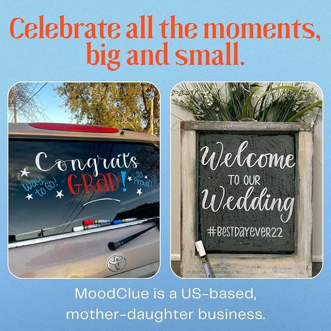 Liquid chalk markers washable, erasable, dry or wet erase. 6 neon markers for whiteboards, glass boards, mirrors, chalkboards, windows, car windshields, glass. Non-toxic, reverse tip pens