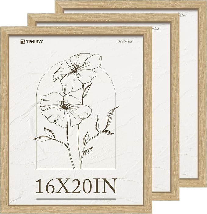 16x20 Frame 3 Pack, Natural Oak Wood Picture Frame with HD Tempered Glass, Display 16x20 or 20x16 photos, posters and Art Prints, Wall Hanging