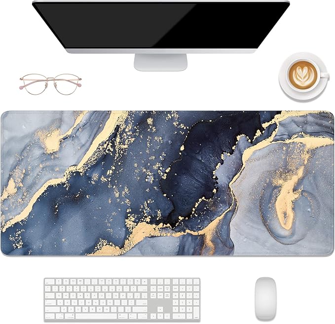 Desk Mat, 32" x 12" XXL Extended Large Gaming Mouse Pad, Desktop Decor Desk Pad, Cute Men Women Office Supplies and Accessories, XL Mouse Mat for Laptop & Keyboard, Blue Gray Gold Marble