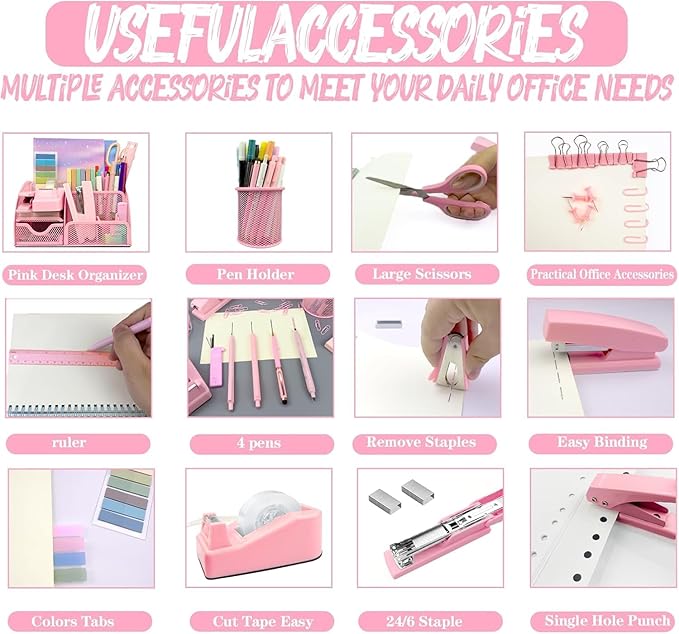 Pink Desk Accessories Set, 17Pcs Pink Office Supplies Kit Include Mesh Desk Organizer, Stapler, Tape Dispenser, Staple Remover, Pen Holder, Clips, Pens, Ruler, for Office Home School Women