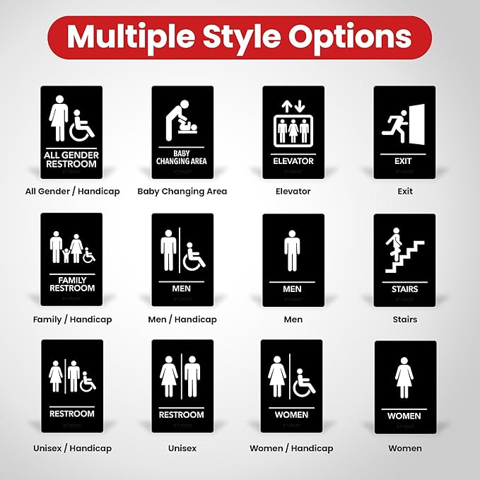 Promot Unisex Bathroom Sign – ADA Braille Restroom Sign for Business, Self-Adhesive, 9" x 6", Commercial Door Signage, Office Wall Decor - Black