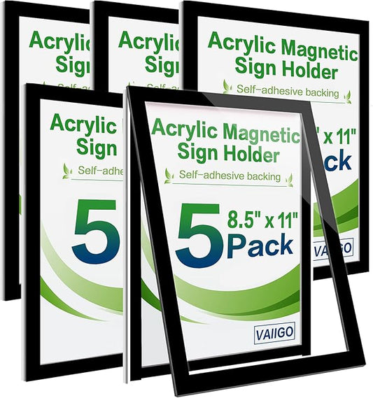 Acrylic Sign Holder 8.5x11 Wall Mount - 5 Pack Adhesive Frames, Magnetic Frame, Document & Picture Holder for Wall, Door, Glass Acrylic Frame with Strong Magnetic Sign Holder