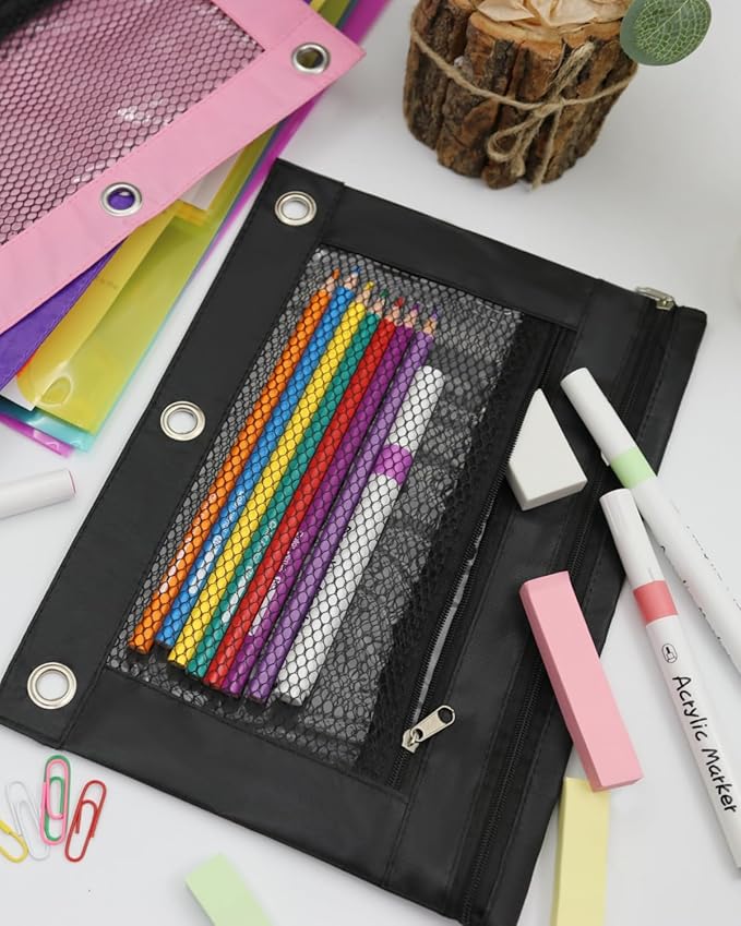 3 Ring Binder Pencil Pouch - School Pencil Case with 2 Zippered Pockets, Clear Mesh Window Pencil Bag, B5 Size, Back to School Gifts (Black)