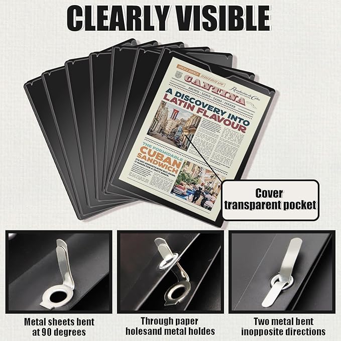 Pastel Plastic File Folders with Pockets and Prongs, 7 Pack, A4 Letter Size, Heavy Duty Waterproof Office Folders with Clear Front Cover for School, Home, and Office (Black)