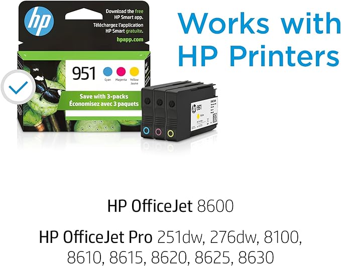 HP 951 Cyan, Magenta, Yellow Ink Cartridges (3 pack)| Works with HP OfficeJet 8600, HP OfficeJet Pro 251dw, 276dw, 8100, 8610, 8620, 8630 Series | Eligible for Instant Ink | CR314FN, Combo 3-Pack