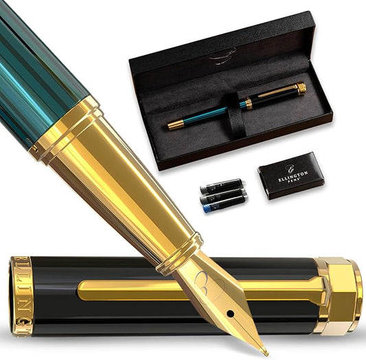 Luxury Fountain Pen Set- Fountain Pens for Writing - Smooth Fine Nib - Includes Refillable Ink Converter, 3 Ink Cartridges [Black & Blue], Gift Box - Elegant Calligraphy