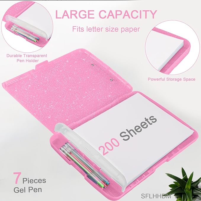 Glitter Clipboard with Storage,Storage Clipboard with Pen Holder,A4 Binder Clip Boards 8.5x11 with Low Profile Clip,Side Opening Sparkle Clipboards, Clipboards Folder for Office Supplies-Rose Pink