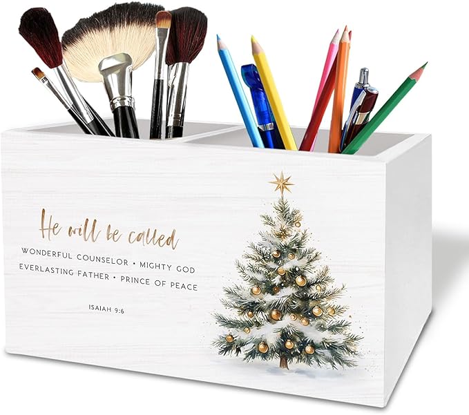 Christian Christmas Tree Pen Holder for Desk, Isaiah 9:6 Bible Verse Wooden Box Sign Desk Decor for Home Office Decoration, Glitter Xmas Tree Pencil Organizer, Christian Christmas Decor
