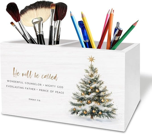 Christian Christmas Tree Pen Holder for Desk, Isaiah 9:6 Bible Verse Wooden Box Sign Desk Decor for Home Office Decoration, Glitter Xmas Tree Pencil Organizer, Christian Christmas Decor