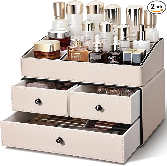 KINGFOM Leather Makeup Organizer with 3 Drawers, 2 Tier Cosmetic Storage Organizer for vanity Dresser Countertop and Bathroom Vanity, Beauty Holder for Lipstick Brush Skincare (Beige)