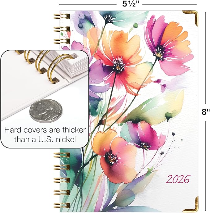 HARDCOVER 2026 Planner, 5.5"x8": 14 Months (November 2025 - December 2026), Daily Weekly Monthly Planner, Yearly Agenda, Bookmark, Pocket Folder and Sticky Note Set (Rainbow Floral)