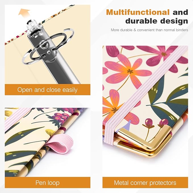 Ospelelf 3 Ring Binder, 2 Inch Letter Size (11" x 8.5") with 5 Tab Dividers, File Folder Labels and Low Profile Clipboards, Floral Binder for School and Office Supplies