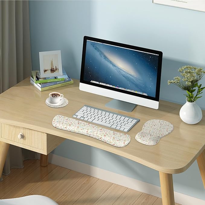 Wrist Rest Support for Mouse Pad Keyboard Set Circle Coaster Gaming Mouse Pad Ergonomic Gel Memory Foam Set for Computer, Laptop, Office, Pain Relief, Comfortably Typing Flowers KM-39