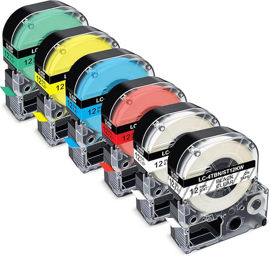 Pristar Compatible Label Tape Replacement for Epson LK-4WBN LK-4TBN LK-4LBP LK-4RBP LK-4YBW LK-4GBP 12mm 0.47" Work for Epson LabelWorks LW-300 LW-400 LW-500 LW-600P LW-700 Label Maker, 6-Pack