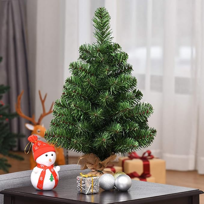HAPPYGRILL 2 Feet Small Christmas Tree, Artificial Tabletop Mini Christmas Tree with 67 PVC Branch Tips, Burlap Cement Base, Spruce Xmas Tree for Home, Office Holiday Decoration, No Assembly Required