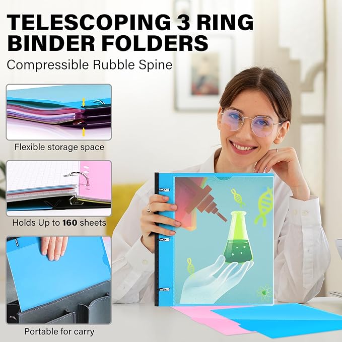 Telescoping 3 Ring Binder-12PCS, Flexible Binder with Customized Front Cover+Clear Catalog Pocket+3 Round Rings, Flat Writing Binder, 4 Bright Colors