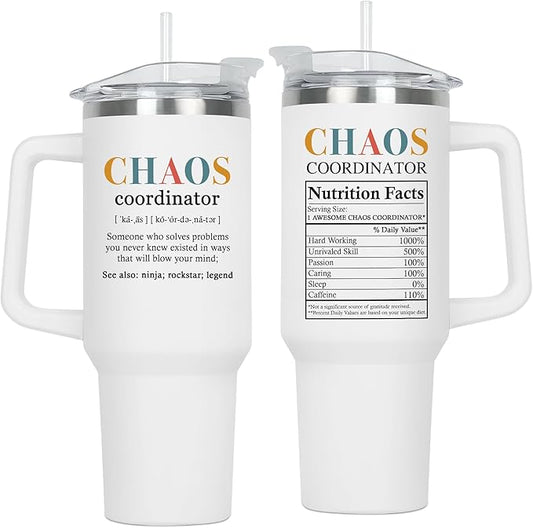 TEEZWONDER Christmas Thank You Gifts for Women - Chaos Coordinator Insulated 40 oz Tumbler with Handle - Funny Birthday Employee Appreciation Gifts for Women Coworkers Boss Colleagues Teachers Nurses