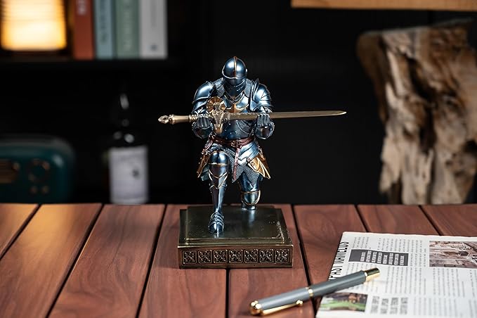 Medieval Armored Warrior Knight Pen Holder Desk Organizers and Accessories Resin Pencil Holder Paperweight as Gift with a Cool Letter Opener for Desk (Blue)