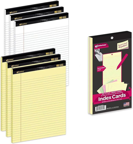 KAISA 20LB Legal Pads 8.5 x 11 6 Notepads Wide Ruled Yellow Pads White Pads 8-1/2"x11-3/4 Heavy Weight Paper Perforated Write Pads Sturdy Writing Tablets And Coloerd Tearable Index Cards 3x5