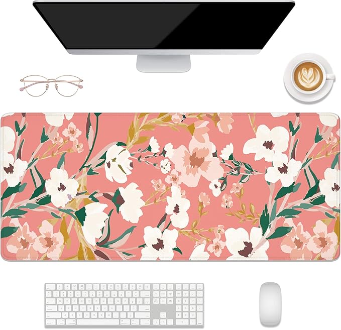 Desk Mat, 32" x 12" XXL Extended Large Gaming Mouse Pad, Desktop Decor Desk Pad, Cute Men Women Office Supplies and Accessories, XL Mouse Mat for Laptop & Keyboard, Pink White Flowers