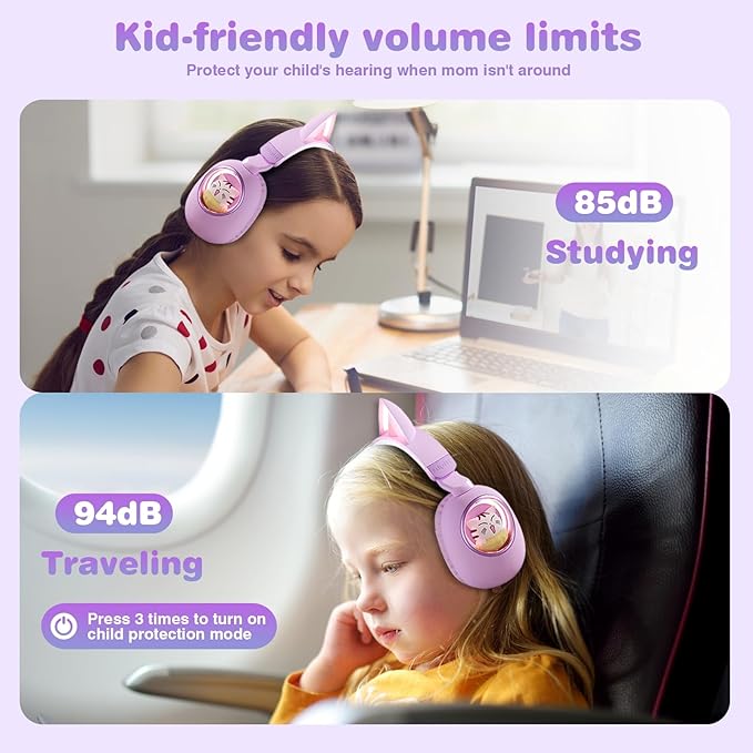 Cat Ear Headphones for Kids, Cute Children Girl Wireless Bluetooth Headphones for School, Purple Kindergarten Light up Kawaii Kitty Noise Cancelling Headphones for Kids Teens Child Airplane