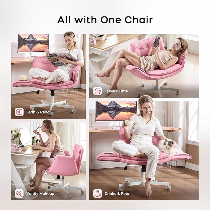 Criss Cross Chair with Armrests & Wheels, PU Leather Vanity Chair, Comfortable Adjustable Swivel Computer Office Desk Chairs for Home, Make Up, Bed Room (Pink)