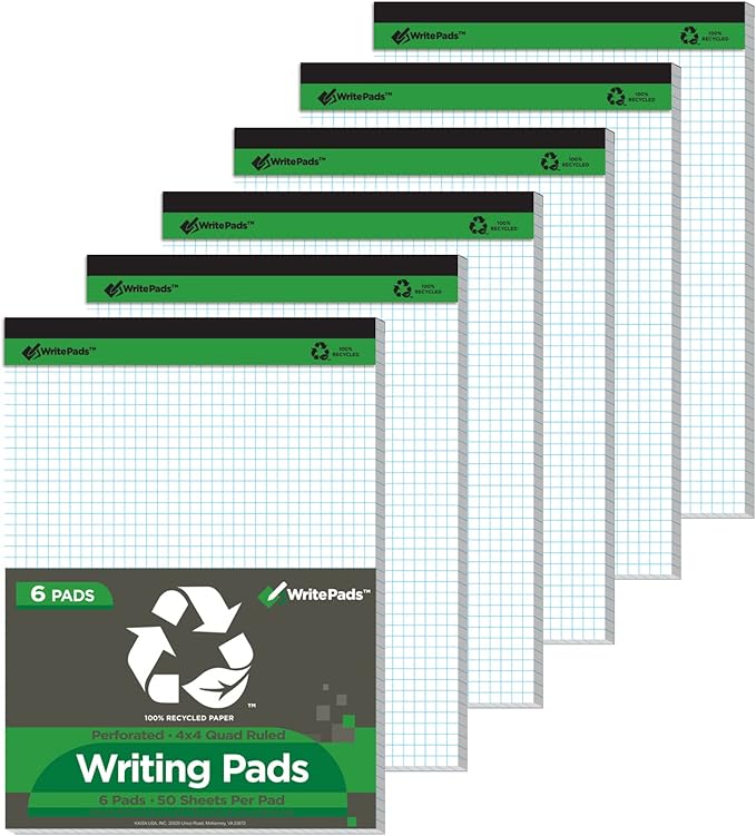 KAISA Graph Paper Legal Pads Writing Pads Recycled Paper 8.5"x11.75" Quad Ruled 4x4 Perforated 50sheets/pad Grid Paper Notepads Writing Tablet White For Office Supplies (White 6pad, 8.5x11.75'')