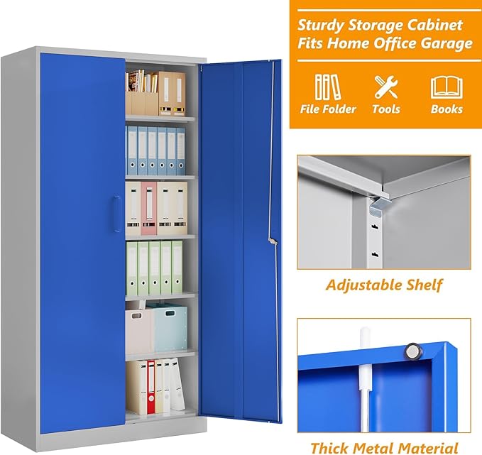 STANI Metal Garage Storage Cabinet with Lock, 71" Steel Lockable File Cabinet, Locking Steel Storage Cabinet with 5 Adjustable Shelves for Home, Office, Garage, Warehouse (Blue Grey, 2 Door - 71" H)