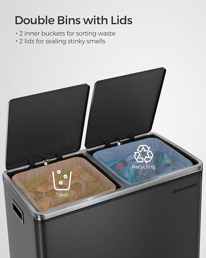 SONGMICS Trash Can, 2 x 8 Gallon (2 x 30 L) Garbage Can for Kitchen, with 15 Trash Bags, 2 Compartments, Plastic Inner Buckets and Hinged Lids, Airtight, Black ULTB60BK