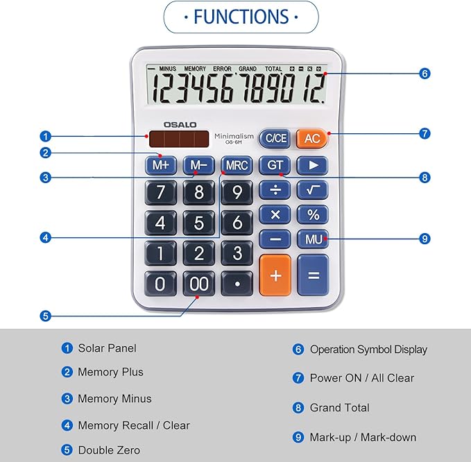 Desktop Calculator Large LCD Display 12 Digit Number Handheld Portable Pocket Basic Calculator with Big Soft Sensitive Button, Battery and Solar Powered, for Office Home School Use(OS-6M)
