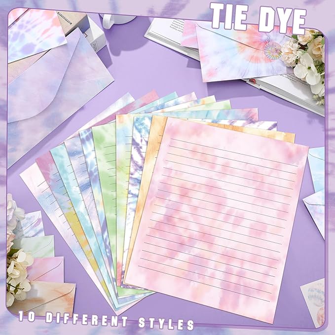 TaoBary 160 Pcs Stationery Paper Set 50 Double Sided Stationery Papers with 50 Matching Envelopes and 60 Round Dot Sticker, 10 Design(Tie Dye,8.5 x 11 Inch)
