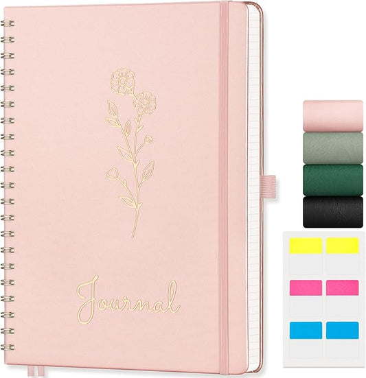 EMSHOI A4 Graph Grid Notebook - 110 Pages 100GSM Grid Paper, Vegan Leather Floral Cover with Spiral Binding for Engineering, Bullet Journaling, School & Work - Includes Ruler, Pockets -Rose Gold