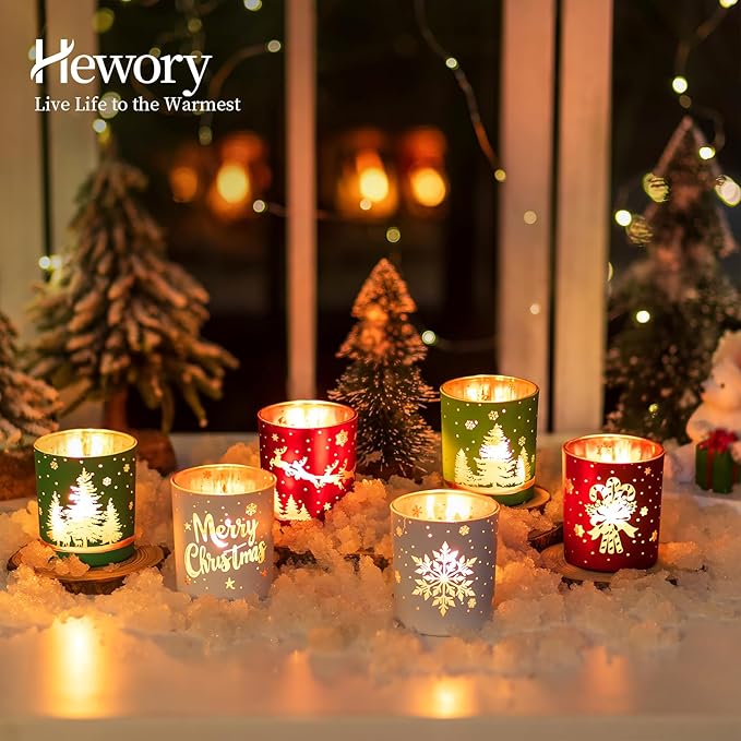 Hewory Christmas Votive Candle Holders: Christmas Tea Light Candle Holder Set of 6, Cylinder Glass Candle Holders Centerpiece Christmas Decorations Indoor Home Decor for Table Fireplace Holiday Party