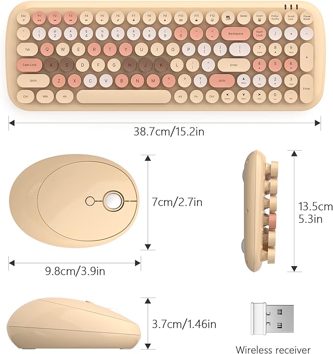 Wireless Keyboard and Mouse Combo, MOWUX - Modern Compact Layout, Colorful Compact Candy Mouse and Retro Round Keyboard Set with Cover, for PC/Laptop/Windows/Mac - Milk-Tea Colorful