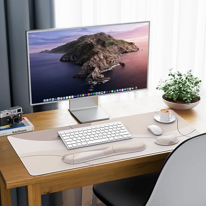 iCasso Extra Large Mouse Pad with Wrist Rest, 3in1 Big Full Desk Mousepad + Keyboard Wrist Rest+Mouse Wrist Rest, Easy Typing Pain Relief, Ergonomic XXL Ultra Thick Long Desk Mat (Brown Art)