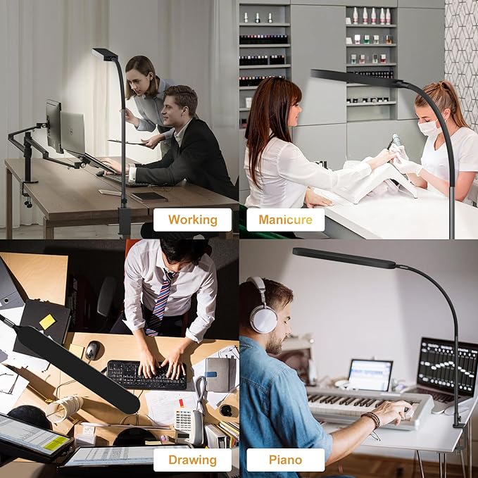 SKYLEO Led Desk Lamp - Desk Light for 33.5" Tall - Flexible Gooseneck - 5 Color Modes X 11 Brightness Levels - 1300LM - Timmer & Memory Function - 12W Clip on Light - Black