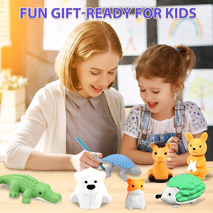 34Pcs Animal Erasers Bulk Cute Desk Pets Kids Puzzle Erasers Take Apart Cool 3D Eraser Mini Pencil Eraser Fun Party Favors for School Supplies Classroom Rewards Easter Egg Fillers Gifts