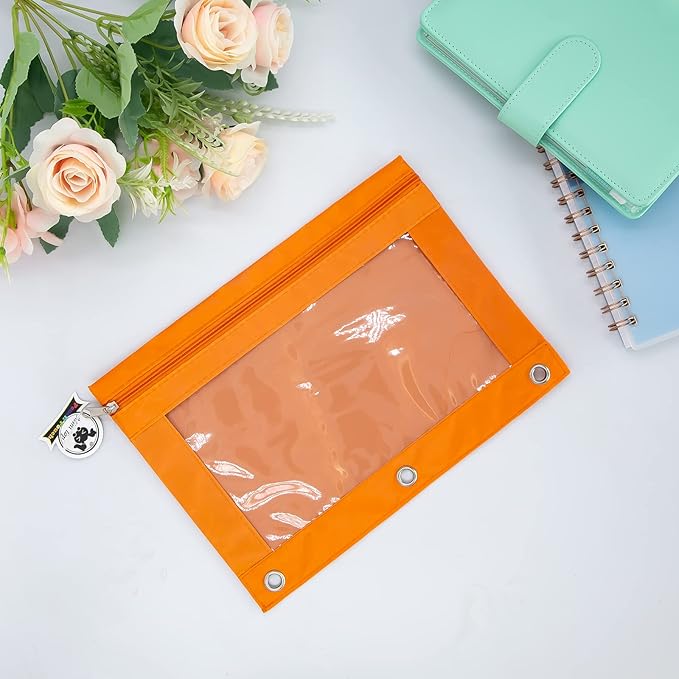 3 Ring Binder Pencil Pouches, Pencil Pouch for 3 Ring Binder, Zippered Clear Window Pencil Case for Binder with Rivet Enforced Hole 3 Ring, 5 Packs