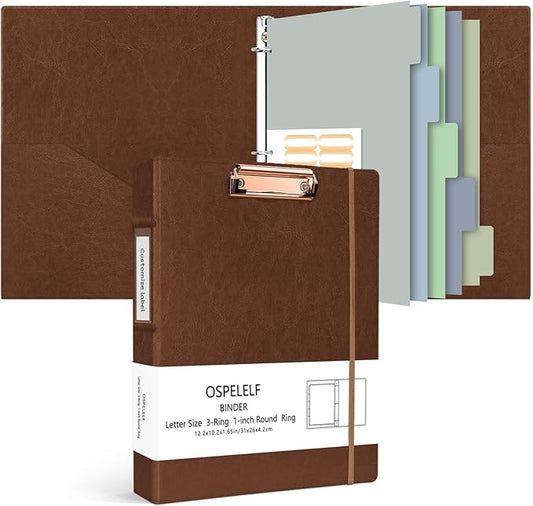Ospelelf 3 Ring Binder with Clipboard, 1 Inch Leather, Brown, Letter Size (8.5" x 11"), 5 Tab Dividers