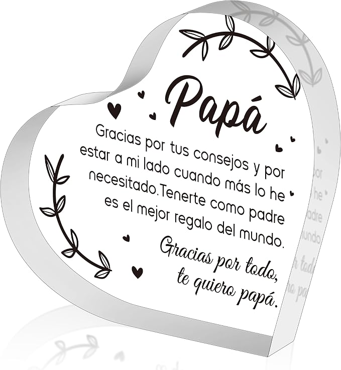 Yopyame Spanish Dad Birthday Gifts - Regalos para Papá Heart Acrylic Plaque for Office Desk Decor Keepsake Paperweights Gifts for Dad in Spanish Christmas Father's Day Gifts for Dad from Daughter Son