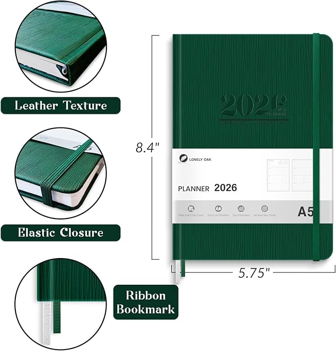 2026 Planner, Weekly and Monthly Planners, Faux Leather Daily Calendar 2026 Planner, 12 Month Agenda from Jan. to Dec., Hardcover Habit Tracker Journal 5.75" x 8.4"(Green)