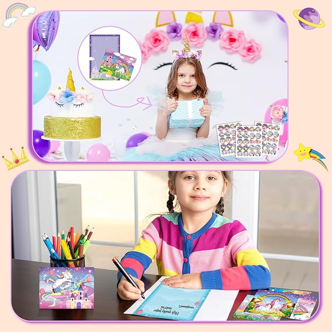 TaoBary 160 Pcs Stationery Paper Set 50 Double Sided Stationery Papers with 50 Matching Envelopes and 60 Round Dot Sticker, 10 Design(Unicorn,8.5 x 11 Inch)