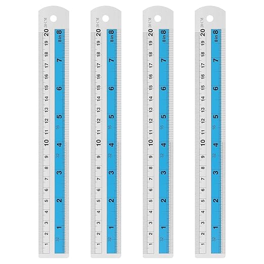 HARFINGTON 4pcs Metal Straight Ruler 20cm Metric SAE Aluminum Alloy Measuring Rulers Scale Tools with Hole for Measure Study Reading Classroom Office, Blue
